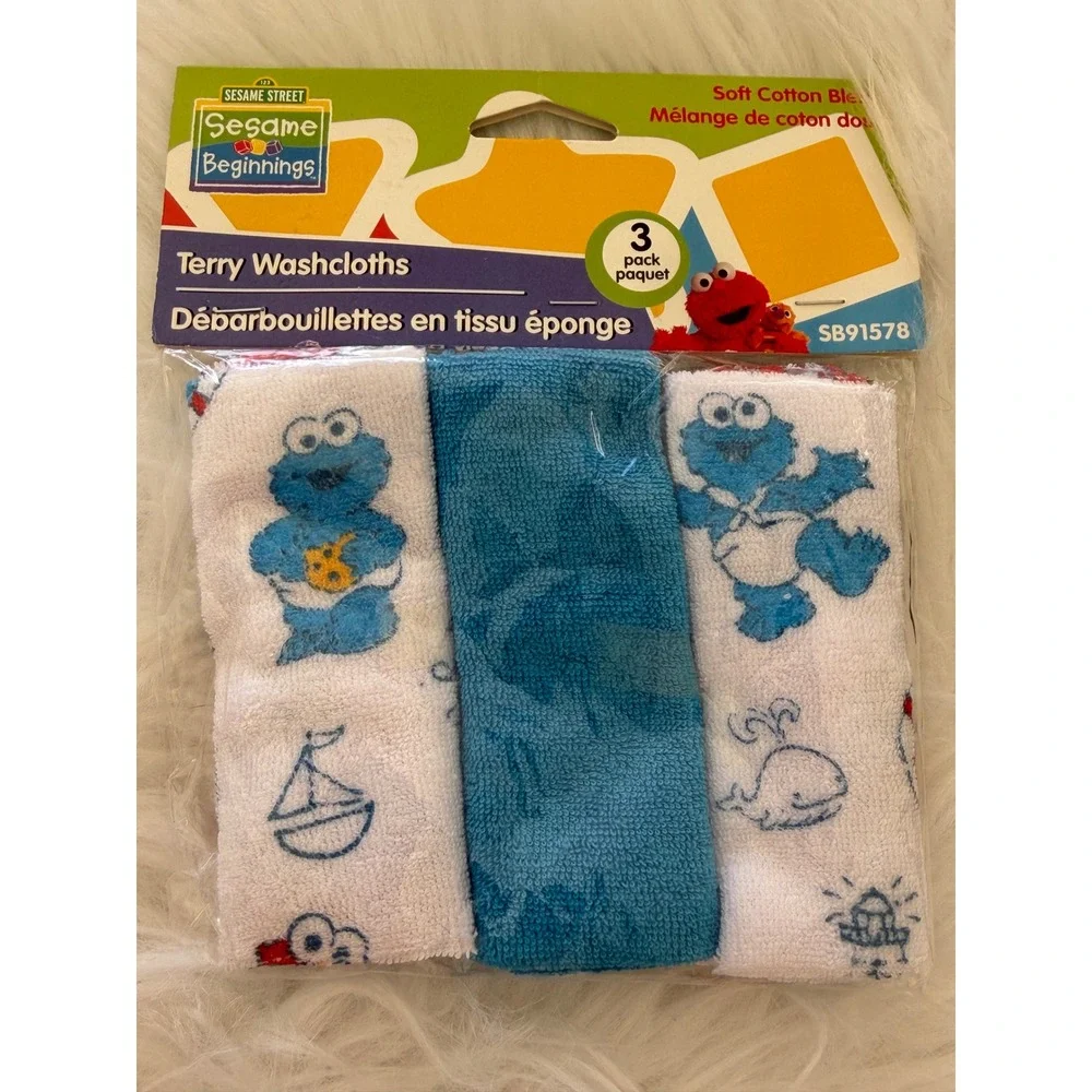 Sesame Street Sesame Beginnings Terry Washcloths 3 Pack Cookie Monster Elmo Blue
